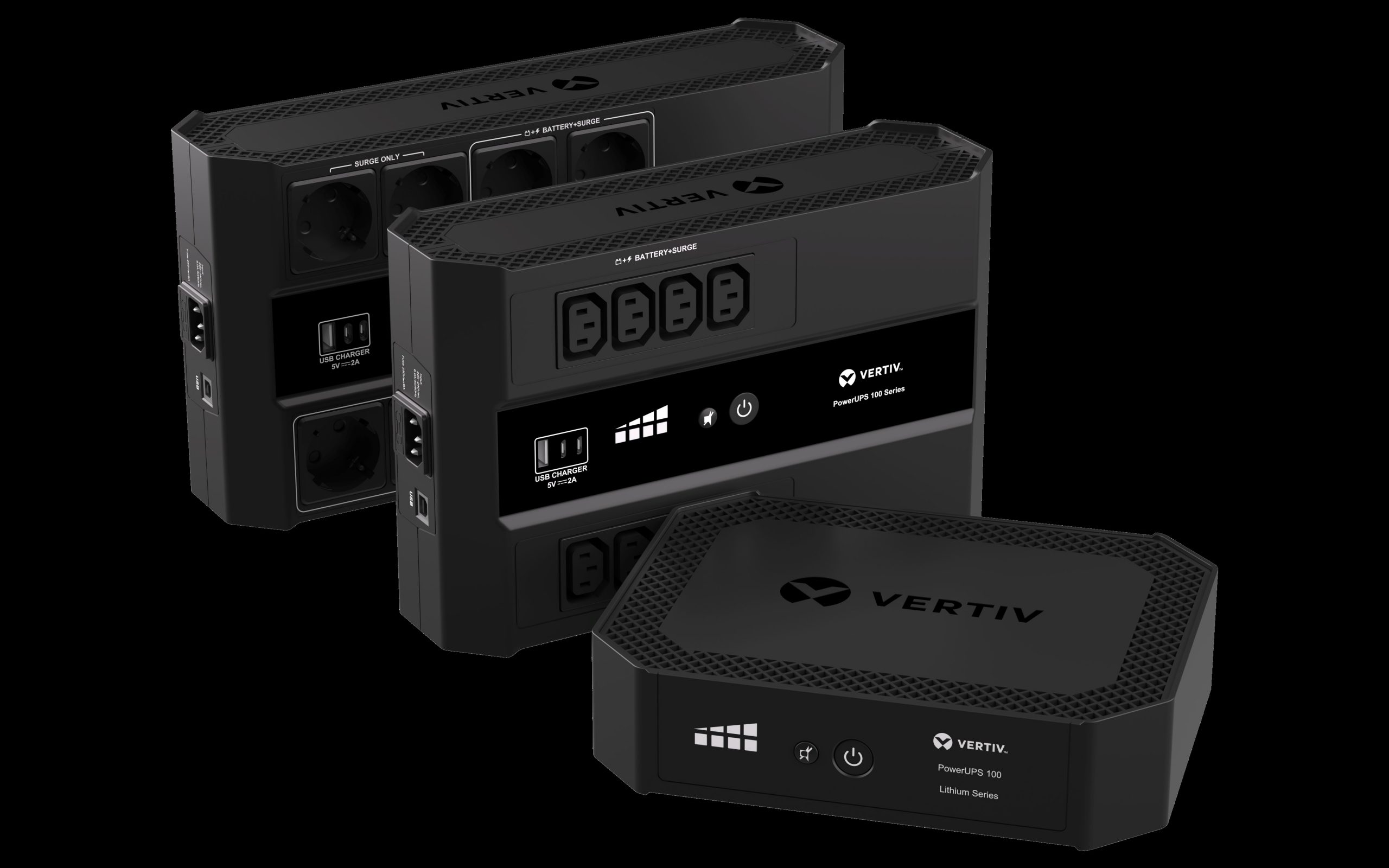 Vertiv-PowerUPS-100_product-imagery_group 1 Vertiv amplia la gamma di soluzioni di alimentazione con un nuovo UPS desktop compatto per PC, console per videogiochi e dispositivi di rete