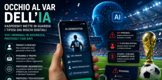 Infografica sui rischi dell'AI generativa durante i Mondiali: phishing, truffe online, privacy e protezione dei dati personali secondo Kaspersky.