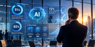 CEO osserva dashboard di intelligenza artificiale con indicatori su investimenti, infrastrutture, dati e sicurezza in un ambiente enterprise.