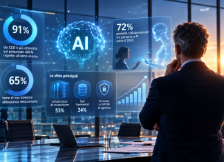 CEO osserva dashboard di intelligenza artificiale con indicatori su investimenti, infrastrutture, dati e sicurezza in un ambiente enterprise.