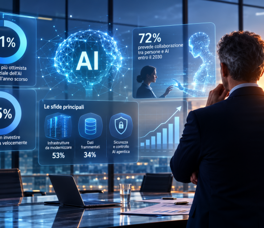 CEO osserva dashboard di intelligenza artificiale con indicatori su investimenti, infrastrutture, dati e sicurezza in un ambiente enterprise.