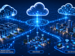 Illustrazione di un'infrastruttura cloud ibrida con cloud pubblico, cloud privato, nodi edge, data center e dispositivi connessi tramite flussi di dati.