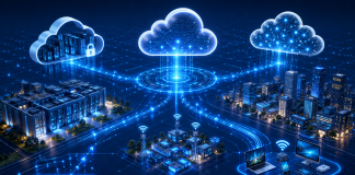 Illustrazione di un'infrastruttura cloud ibrida con cloud pubblico, cloud privato, nodi edge, data center e dispositivi connessi tramite flussi di dati.