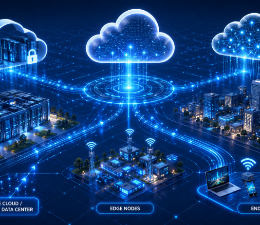 Illustrazione di un'infrastruttura cloud ibrida con cloud pubblico, cloud privato, nodi edge, data center e dispositivi connessi tramite flussi di dati.