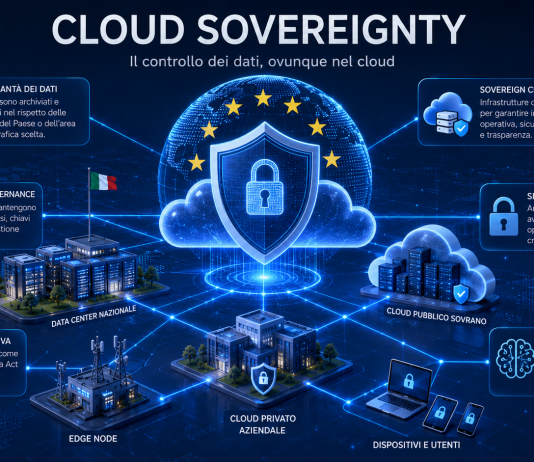 Illustrazione di un'infrastruttura cloud sovrana con data center, cloud distribuiti e flussi di dati protetti che rappresentano il concetto di Cloud Sovereignty.