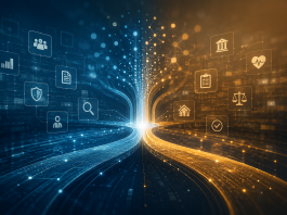 Rappresentazione astratta della Decision Intelligence con flussi di dati, intelligenza artificiale e automazione dei processi decisionali nella Pubblica Amministrazione.