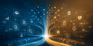 Rappresentazione astratta della Decision Intelligence con flussi di dati, intelligenza artificiale e automazione dei processi decisionali nella Pubblica Amministrazione.