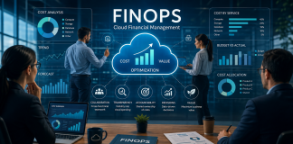 Dashboard FinOps che mostra la gestione dei costi cloud, l'ottimizzazione delle risorse e la collaborazione tra team IT, finance e business.