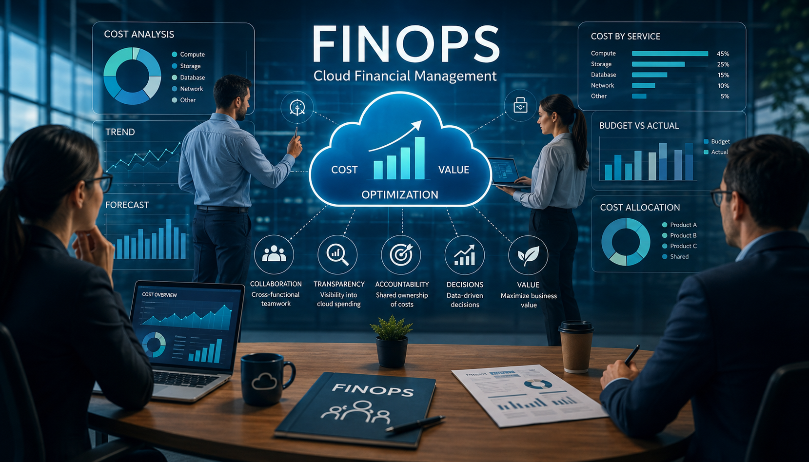 FinOps: gestione dei costi cloud e ottimizzazione delle risorse Dashboard FinOps che mostra la gestione dei costi cloud, l'ottimizzazione delle risorse e la collaborazione tra team IT, finance e business.
