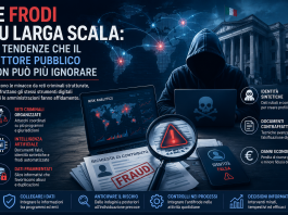 Illustrazione sulle frodi nel settore pubblico con reti criminali, intelligenza artificiale, identità sintetiche, documenti falsi e strategie di prevenzione nella pubblica amministrazione.