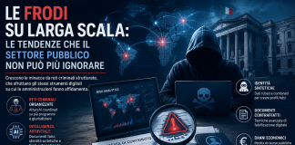Illustrazione sulle frodi nel settore pubblico con reti criminali, intelligenza artificiale, identità sintetiche, documenti falsi e strategie di prevenzione nella pubblica amministrazione.