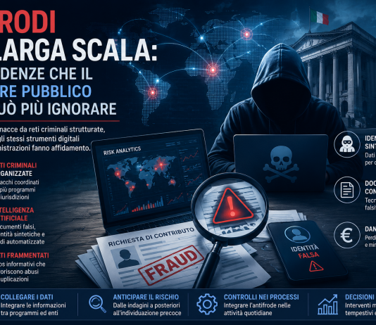 Illustrazione sulle frodi nel settore pubblico con reti criminali, intelligenza artificiale, identità sintetiche, documenti falsi e strategie di prevenzione nella pubblica amministrazione.