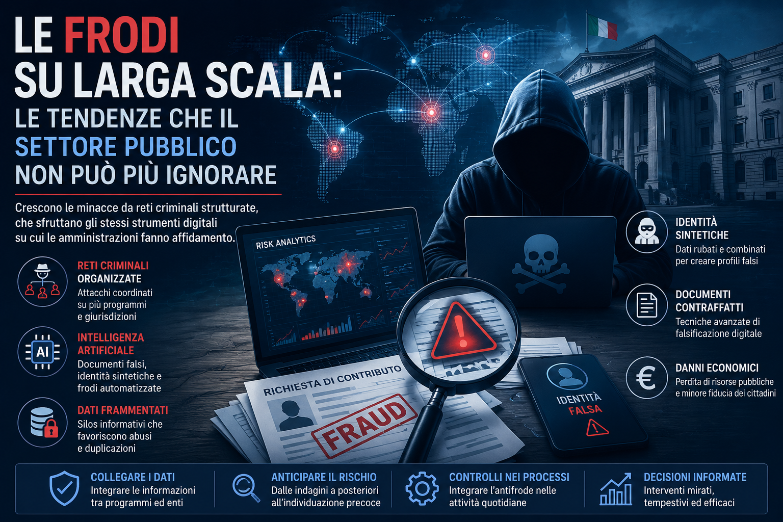 Frodi nel settore pubblico: AI, reti criminali e nuove minacce Illustrazione sulle frodi nel settore pubblico con reti criminali, intelligenza artificiale, identità sintetiche, documenti falsi e strategie di prevenzione nella pubblica amministrazione.