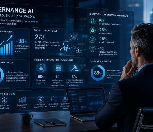 CIO analizza una dashboard di governance AI per monitorare sicurezza, agenti intelligenti, controllo dei costi e infrastrutture enterprise.