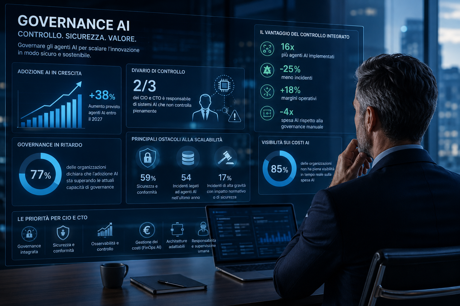 Governance AI: controllo degli agenti intelligenti nelle imprese CIO analizza una dashboard di governance AI per monitorare sicurezza, agenti intelligenti, controllo dei costi e infrastrutture enterprise.