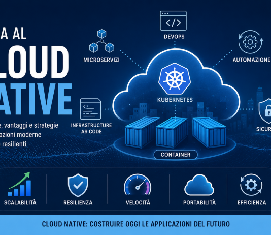 Schema del Cloud Native con Kubernetes, container, microservizi e cloud ibrido