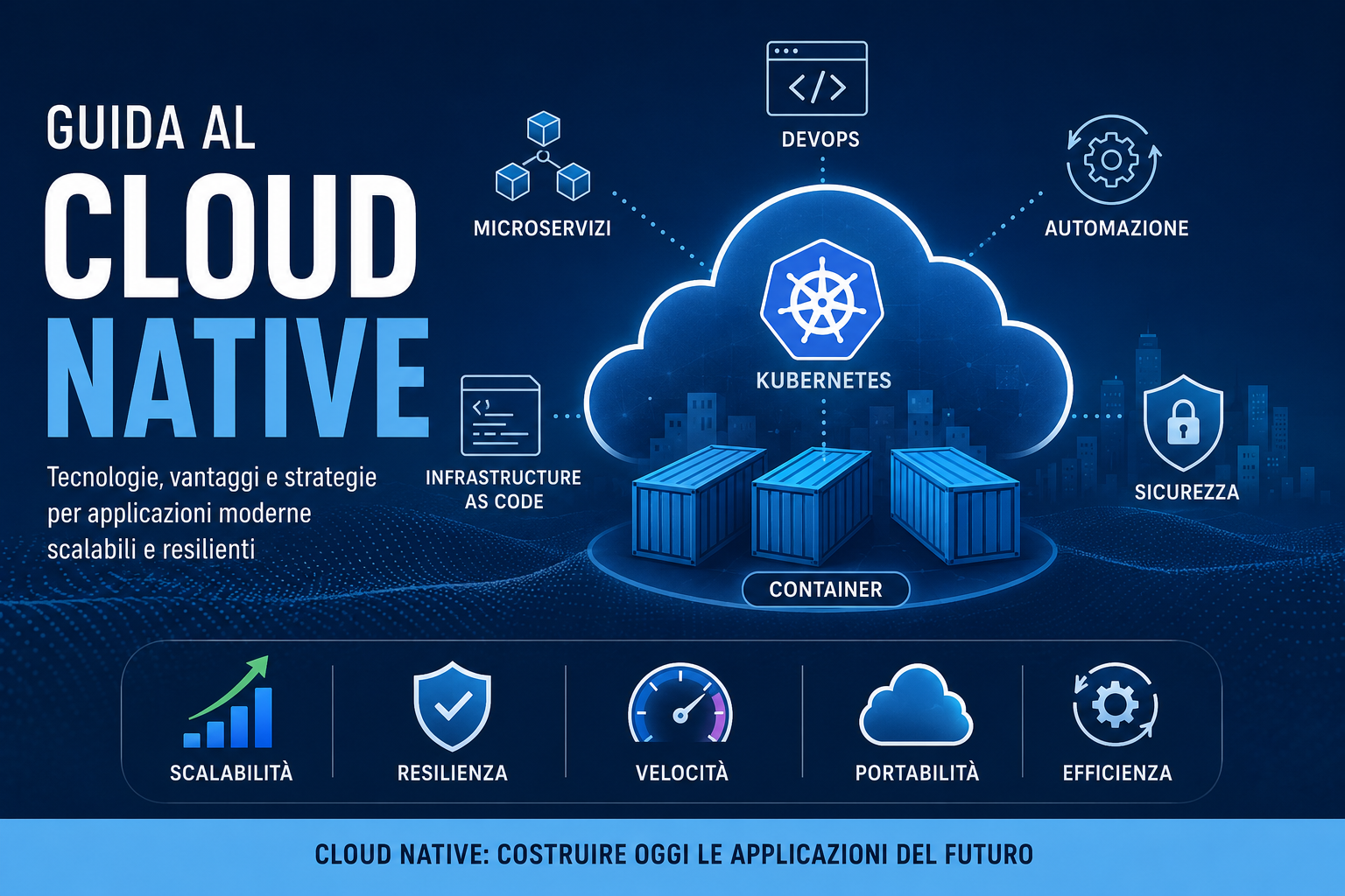 Cloud Native: guida completa a Kubernetes, container e microservizi Schema del Cloud Native con Kubernetes, container, microservizi e cloud ibrido