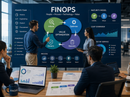 Team FinOps durante una riunione dedicata a processi, governance, costi cloud e modello di maturità Crawl, Walk, Run.