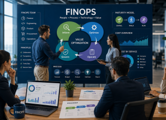 Team FinOps durante una riunione dedicata a processi, governance, costi cloud e modello di maturità Crawl, Walk, Run.