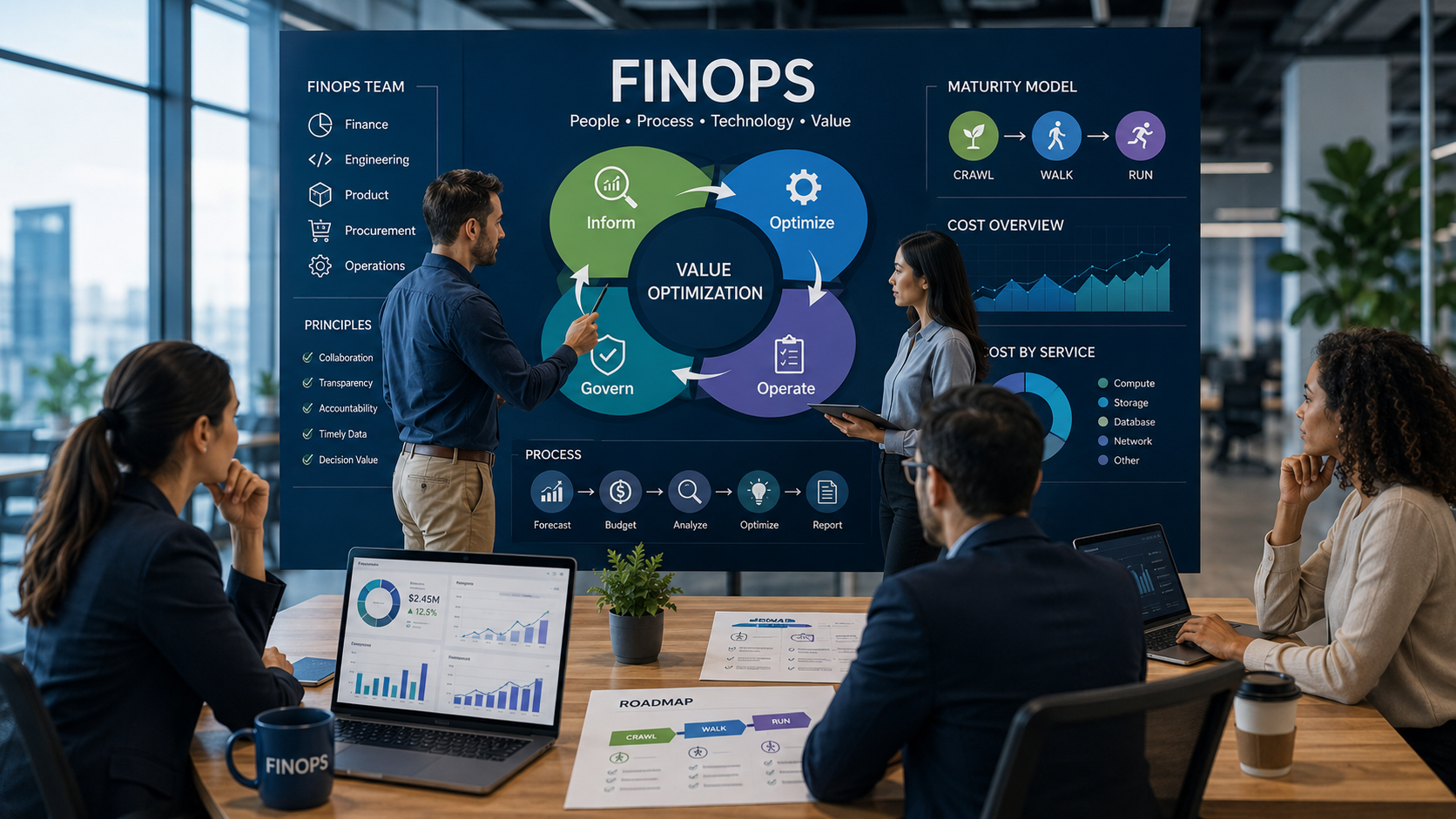 Implementazione FinOps: team, processi e modello di maturità Team FinOps durante una riunione dedicata a processi, governance, costi cloud e modello di maturità Crawl, Walk, Run.