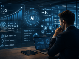 dashboard di intelligenza artificiale con indicatori di ROI, governance dei dati e AI agentica in un ambiente enterprise.