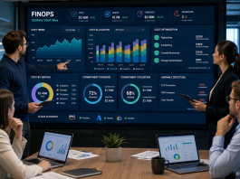 Team FinOps che analizza KPI, costi cloud, rightsizing, commitment e anomalie attraverso una dashboard multicloud.