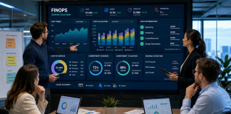 Team FinOps che analizza KPI, costi cloud, rightsizing, commitment e anomalie attraverso una dashboard multicloud.