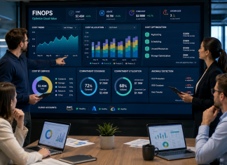 Strumenti FinOps: KPI e tecniche per ottimizzare i costi cloud Team FinOps che analizza KPI, costi cloud, rightsizing, commitment e anomalie attraverso una dashboard multicloud.