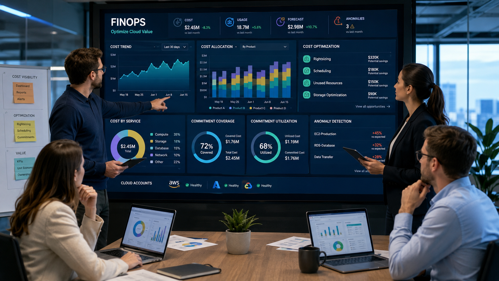 Strumenti FinOps, KPI e ottimizzazione dei costi cloud Team FinOps che analizza KPI, costi cloud, rightsizing, commitment e anomalie attraverso una dashboard multicloud.